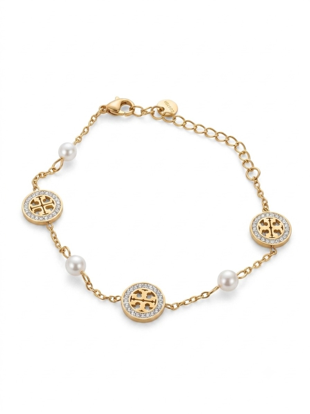 Gold-Tone Bracelet with Pearls and Logo Discs Rhinestone Accents